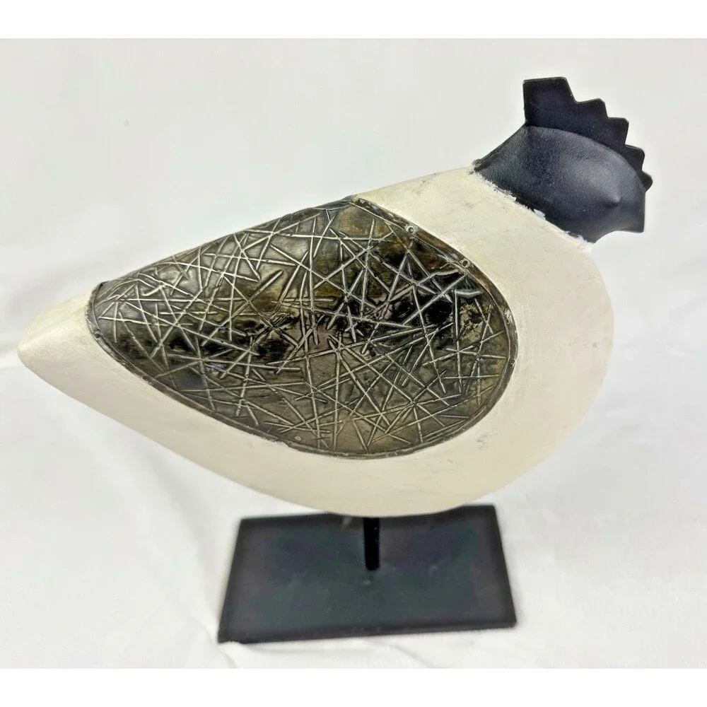 Pier 1 Chicken Rooster Statue Cast Iron Wood Black & White 10” Tall
